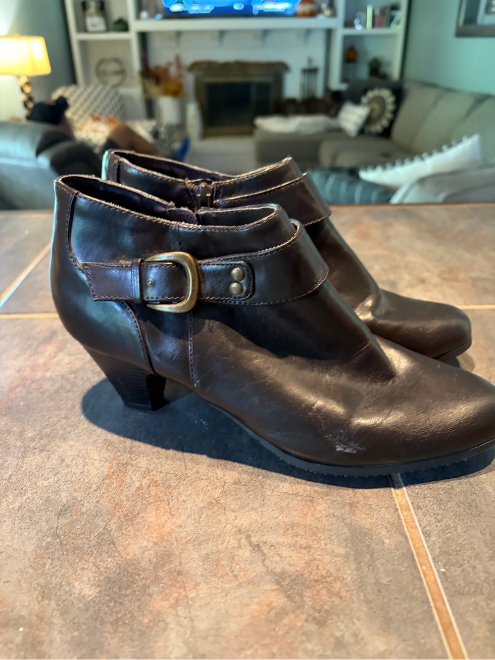 Covington Brown Faux Leather Ankle Booties with Buckle Detail- size 9